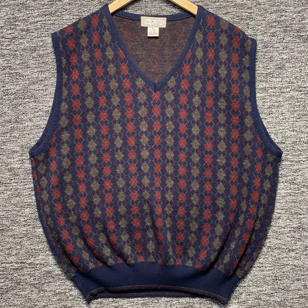 VTG Murano Sweater Vest Mens XL Blue Red Argyle Knit Wool Blend Made in Italy